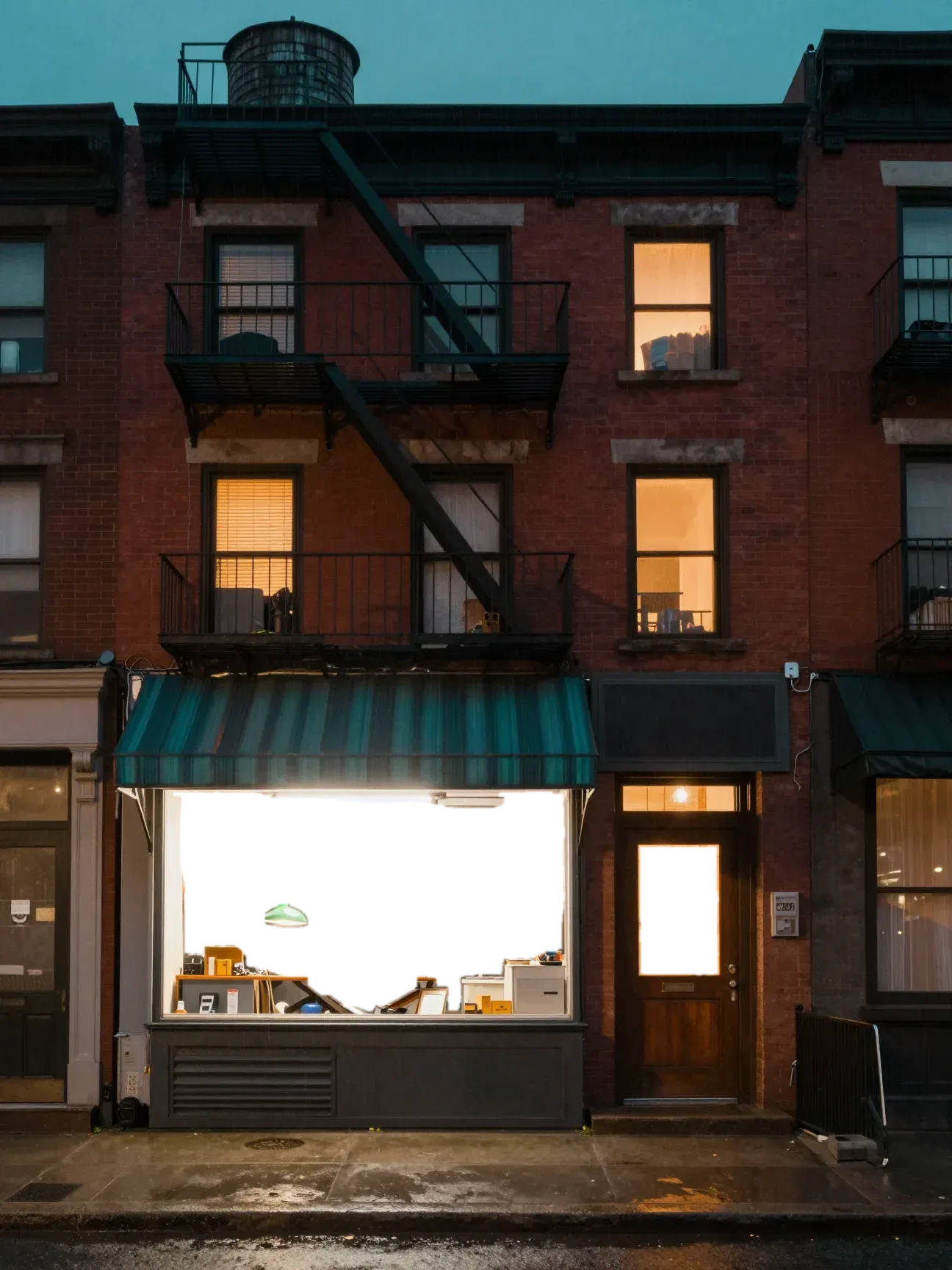 A red brick walk up at night with a black iron fire escape and a wooden water tower. Under a striped teal awning, the lit shop window shows a repair bench with an open laptop, tools and a green lamp.
