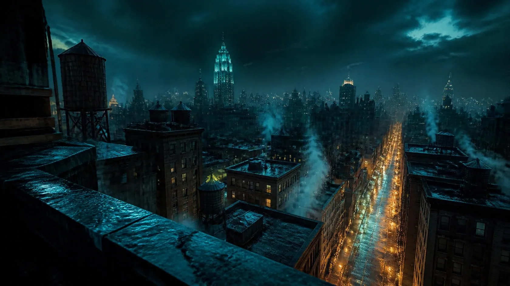 Looking down from a high rooftop ledge over a rainy city at night. Wooden water towers stand on the roofs, steam rises between the blocks, a long avenue glows amber with streetlights, and a tower lit aqua stands in the distance.