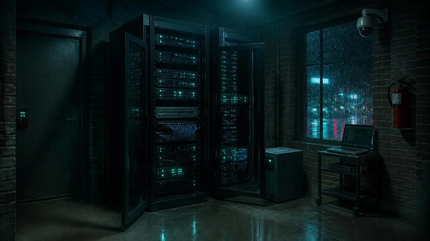 A small server room at night. Two black server racks stand open, lined with aqua status lights and bundles of blue network cable. A steel door with a glowing keypad is on the left, a battery backup sits on the concrete floor, a laptop rests on a rolling cart, a security camera watches from the corner, a red fire extinguisher hangs on the brick wall, and rain runs down the window over the city lights.