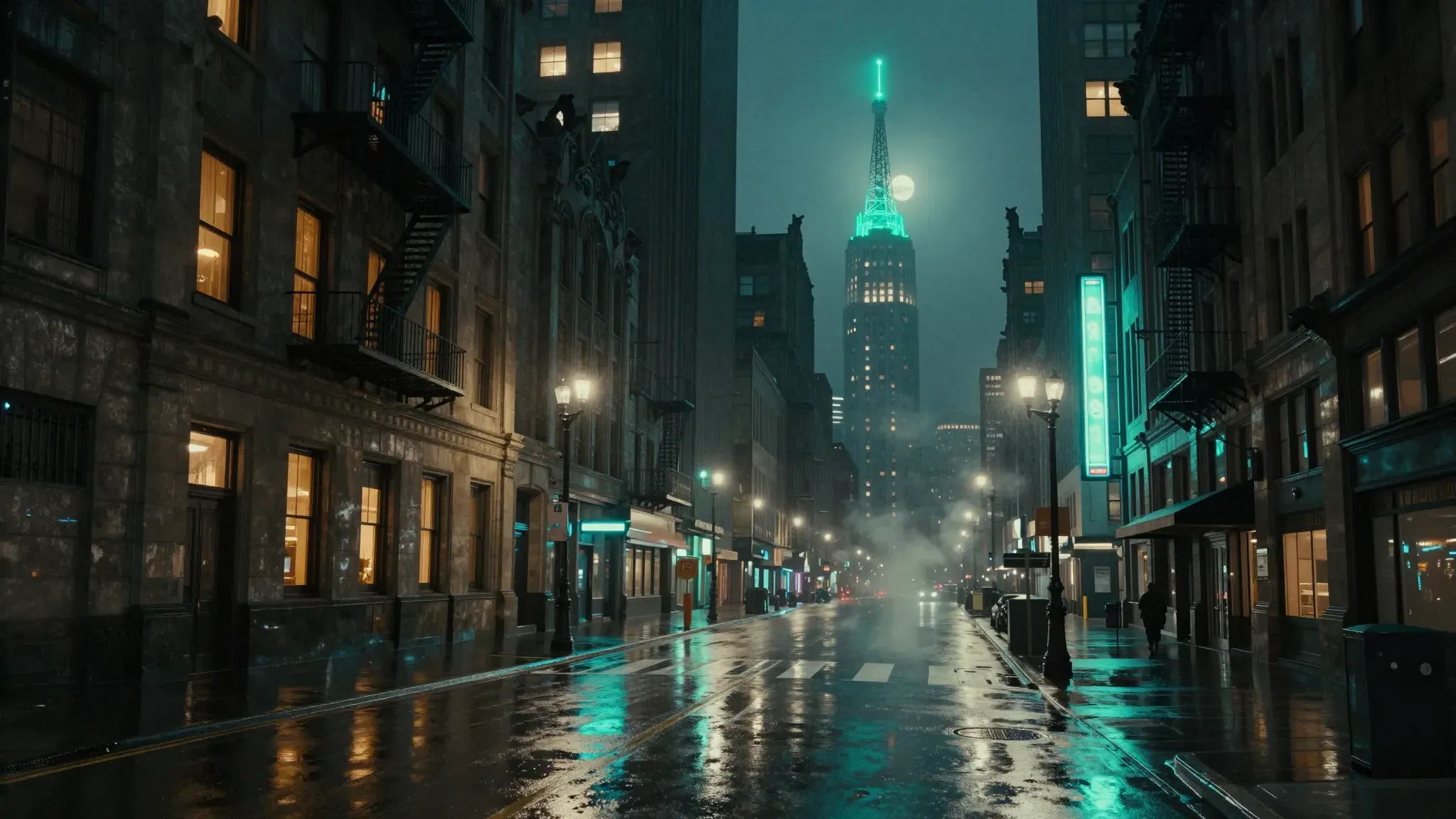 A rain soaked avenue at night. Stone buildings with lit windows and fire escapes line both sides, old streetlamps glow aqua, steam drifts across the wet street, and a tall tower with a glowing aqua spire stands under the moon at the far end.