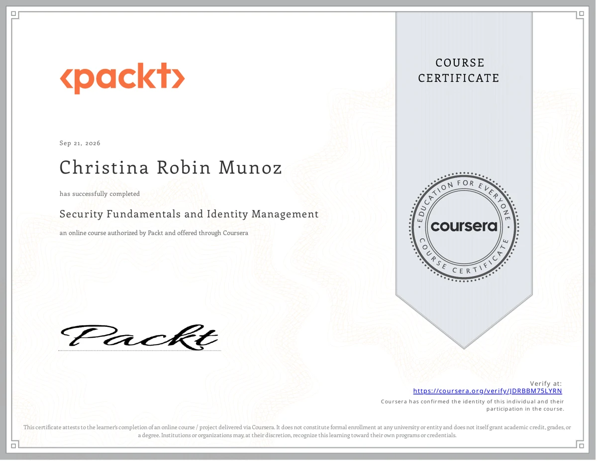 Course certificate naming Christina Robin Munoz, Security Fundamentals and Identity Management, completed September 21, 2026, credential JDRBBM75LYRN